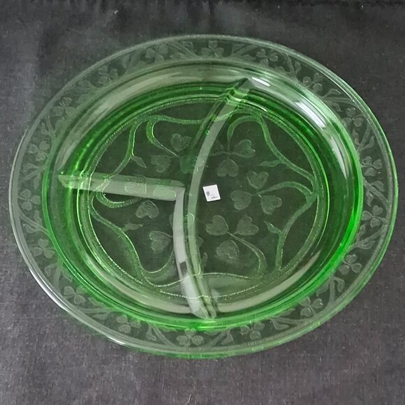 Vintage Depression Glass Hazel Atlas Green Cloverleaf 3 Part 10" Grill Plate #2 - Picture 1 of 7